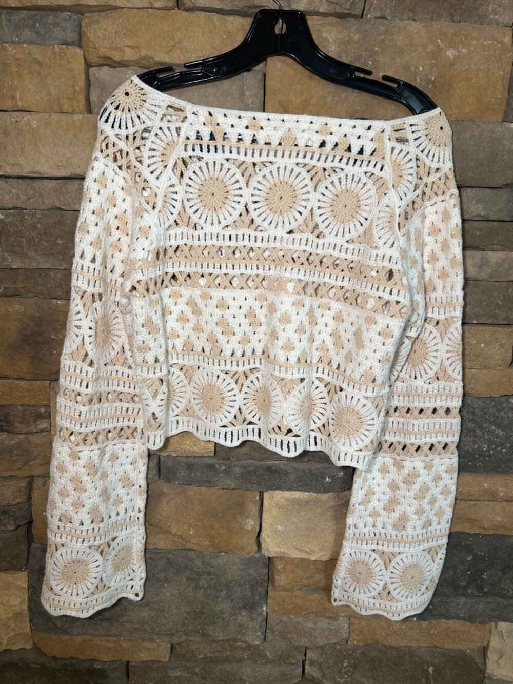 Idyllwind White and Tan Boho-Inspired Crochet Knit Crop Top w Bell Sleeves - Picture 5 of 5